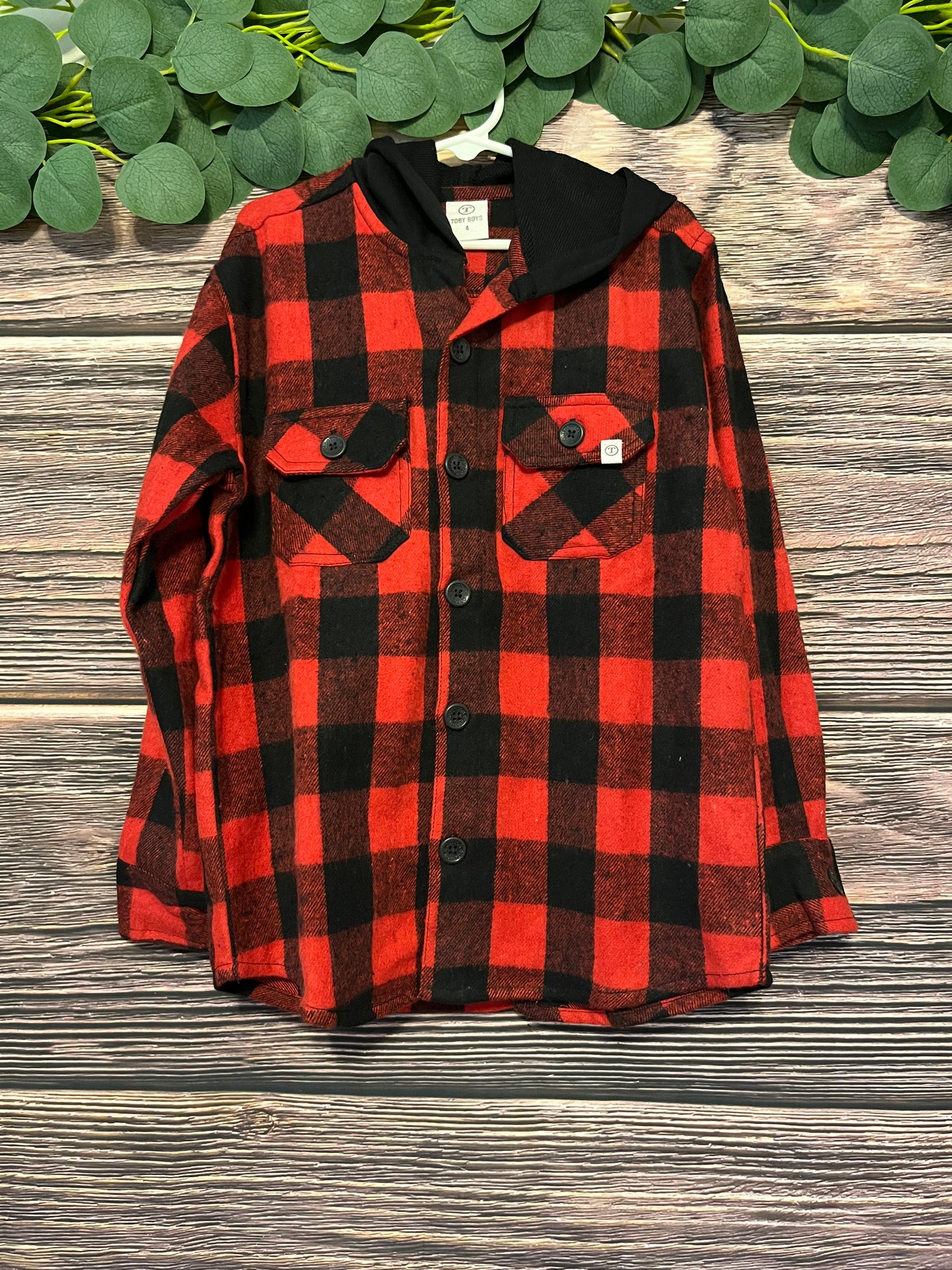 Red Checkered Plaid Hooded Button-up