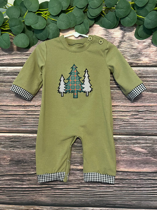 Forest Christmas Tree Appliqué Boy Romper