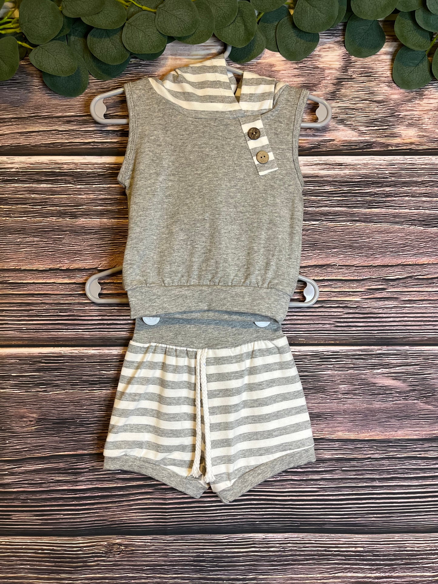 Grey Stripe Hoodie Baby Shorts Set