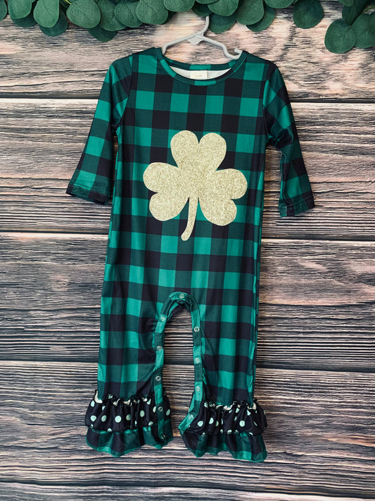 Infant green plaid clover ruffle romper