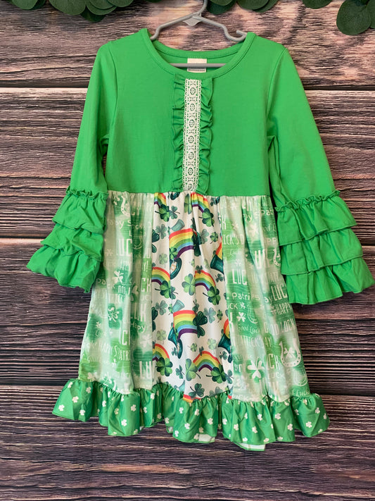 Girls green rainbow clover ruffle dress