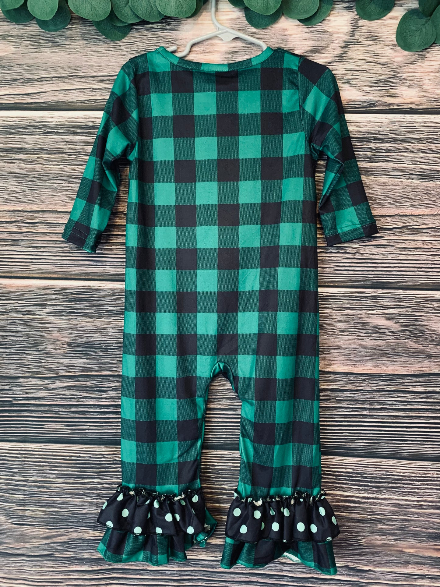 Infant green plaid clover ruffle romper