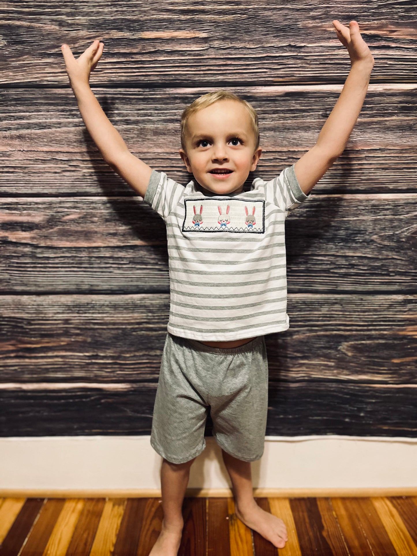 Boys Gray Stripe Rabbit Shorts Set