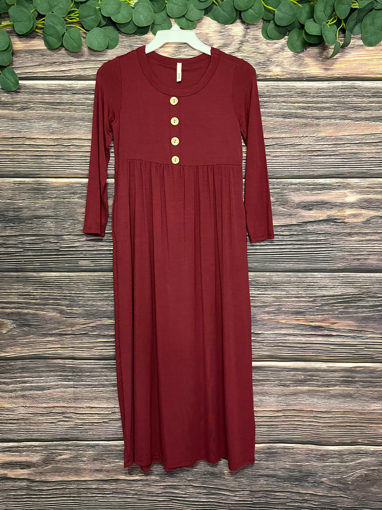 3/4 Sleeve Deep Burgundy Girls Maxi Dress
