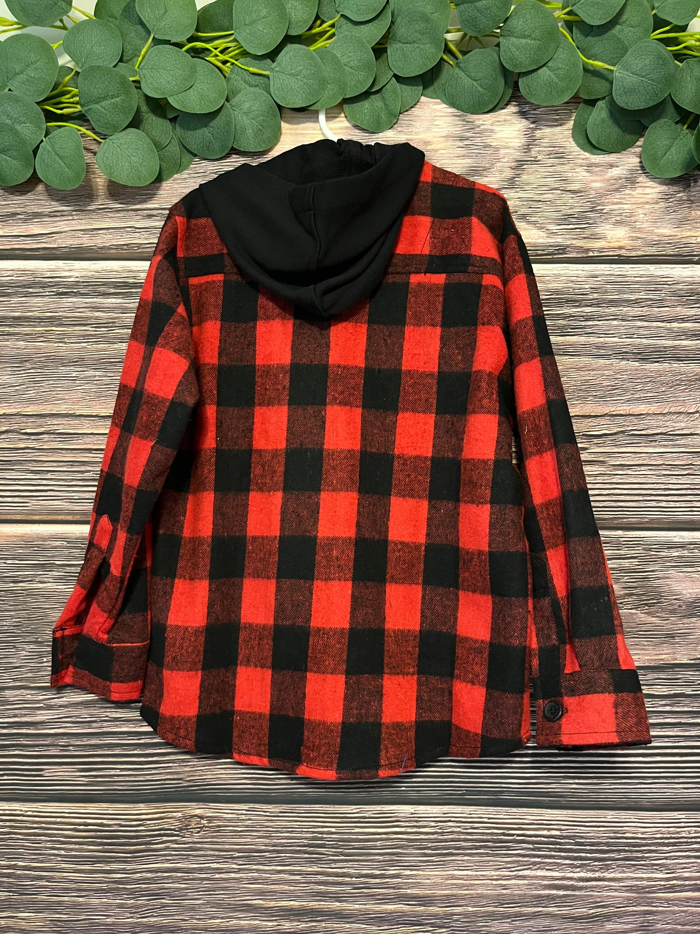 Red Checkered Plaid Hooded Button-up