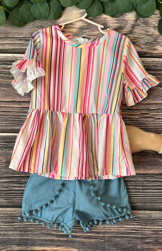 Rainbow Stripe Pom Pom Short Set