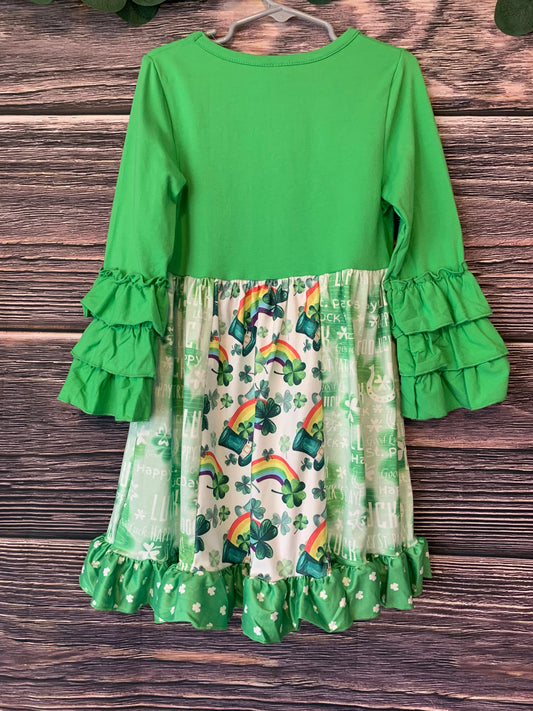 Girls green rainbow clover ruffle dress